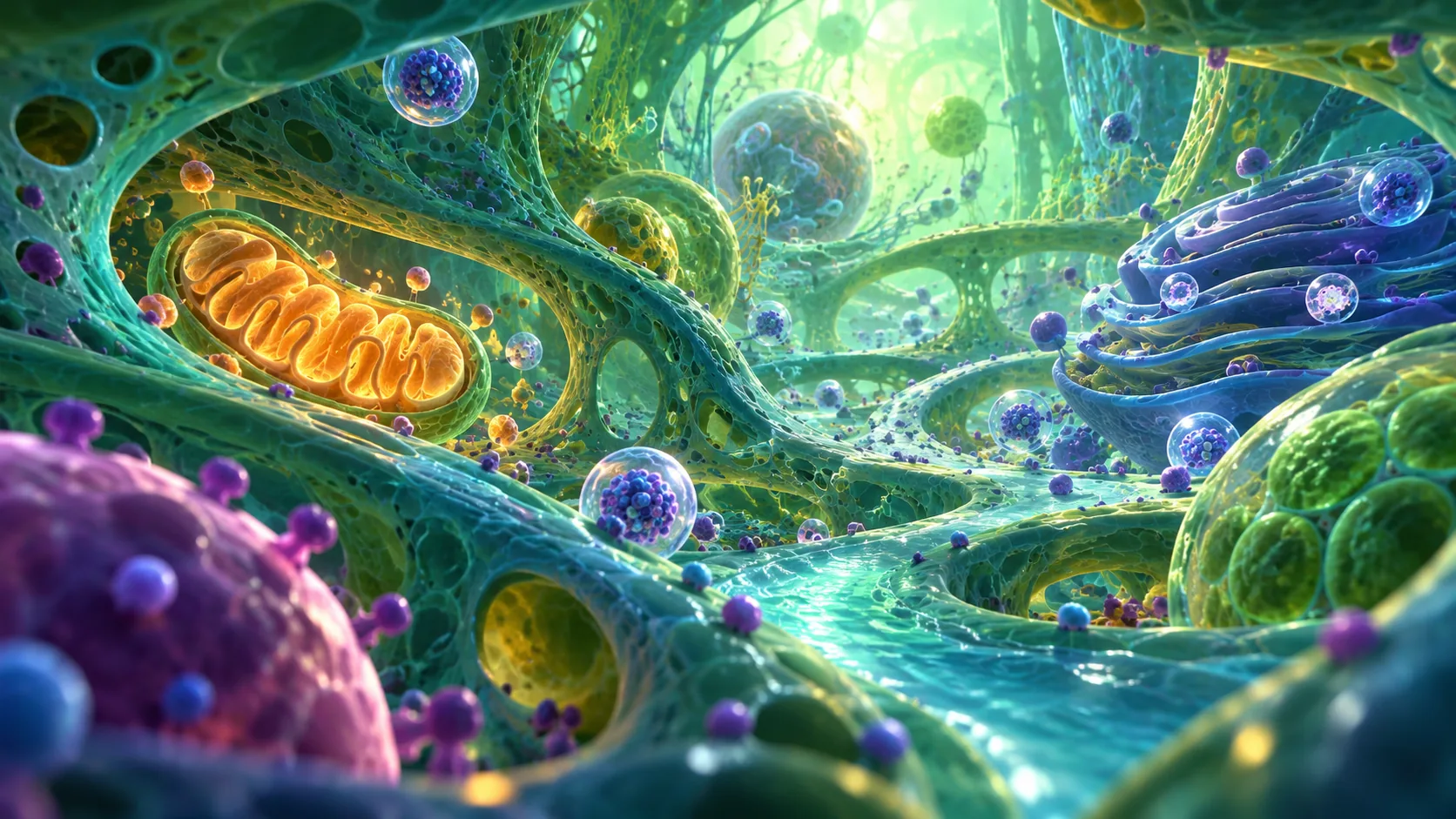 Illustration of a glowing cell-like environment for biology investigations