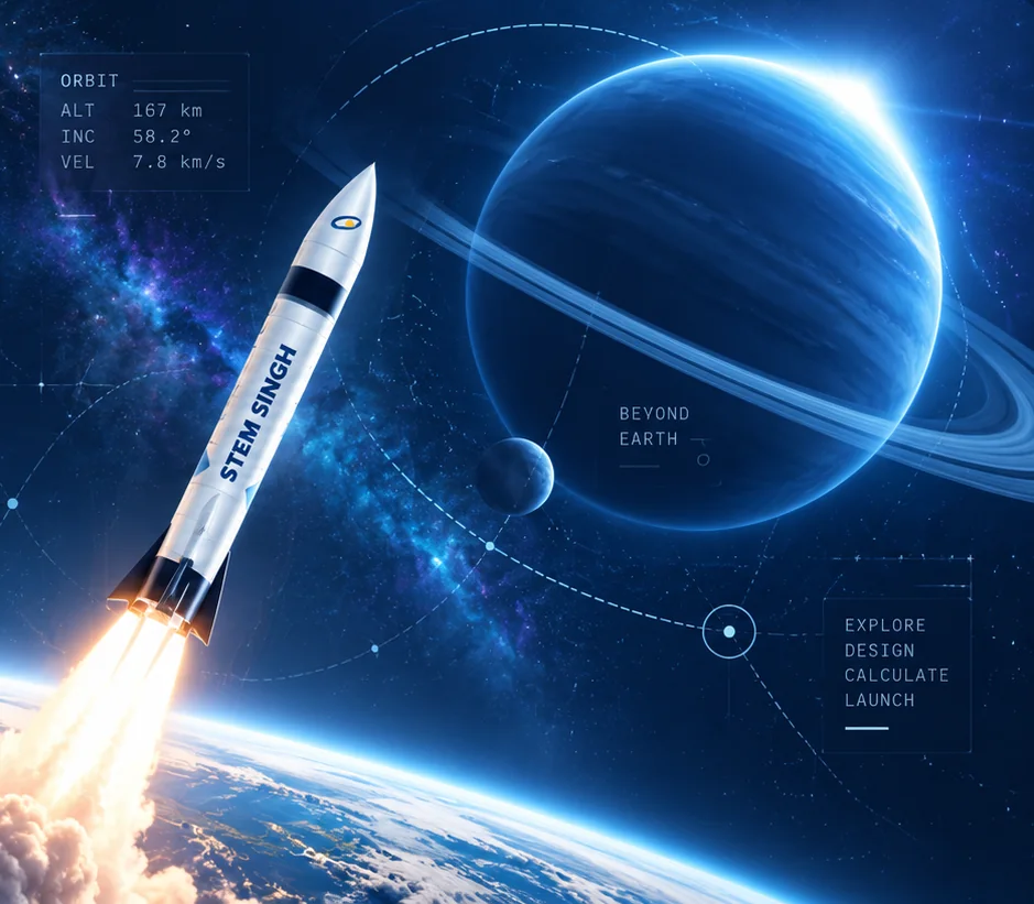 Illustration of the STEM Singh rocket travelling through space with a large blue planet behind it